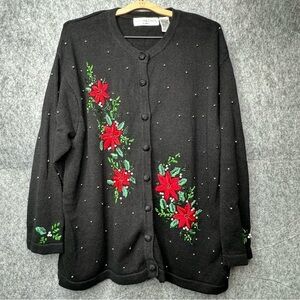 Victoria Jones Woman Vintage Christmas Poinsettias Button-Up Cardigan- Sz‎ 2X